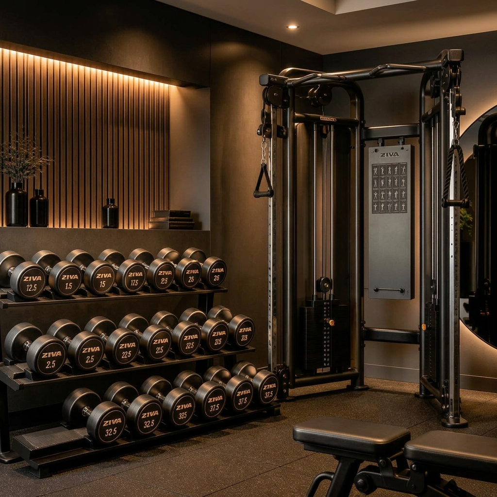 Premium free weights and a cable machine in a moody private gym studio