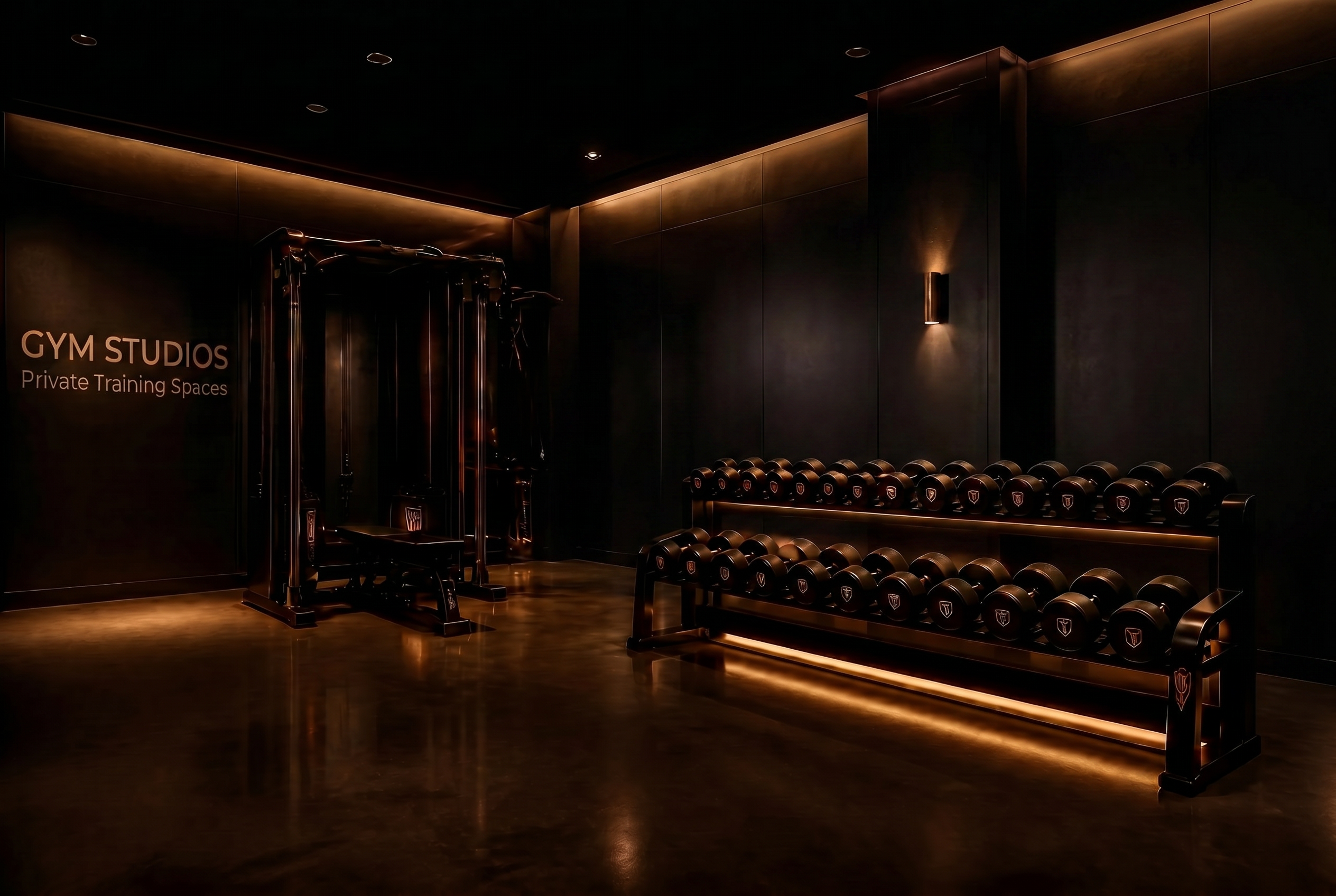 A pristine high-end private gym suite lit with warm focused lighting